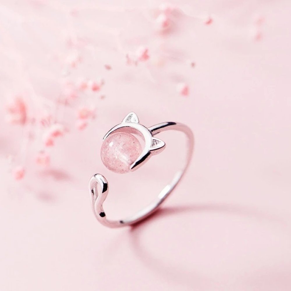 NEW S925 Sterling Silver Pink Crystal Adjustable Cat Ring
